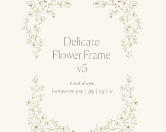 Floral hand-drawn 5 x 7 Frame clipart v5, fine art wedding, vector clipart, botanical pencil sketch