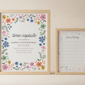 Cápsula do tempo de aniversário de flores silvestres para impressão, placa 8x10 + cartões 5x7, lembrança de 1º aniversário de menina floral, cartas para o futuro