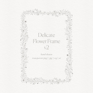 Könnte beinhalten: Ein handgezeichneter, rechteckiger Blumenrahmen mit dem Text "Delicate Flower Frame v2". Der Rahmen besteht aus zarten Blumen- und Blattillustrationen. Das Bild enthält auch den Text "transparent png | jpg | svg | ai".