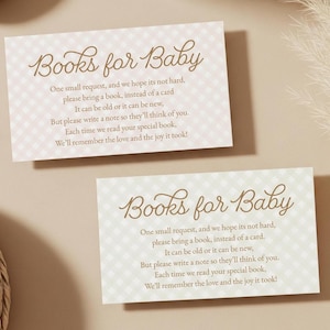 May include: Two baby shower invitation cards with the text "Books for Baby" in a decorative script. The cards have a light beige checkered pattern background and include a request for guests to bring a book instead of a card.