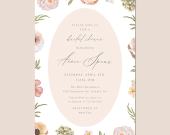 Floral Bridal Shower Invitation Template | Wildflower | Blush Bridal Brunch Invitation | Modern Bride | 5 x 7 Instant Download Template