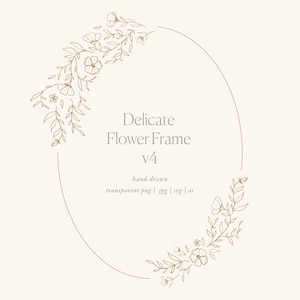 Op de afbeelding: Een delicaat bloemenframe met een ronde omtrek, met handgetekend bloemen en bladeren in goudkleur. De tekst "Delicate Flower Frame v4" staat gecentreerd onder het frame.