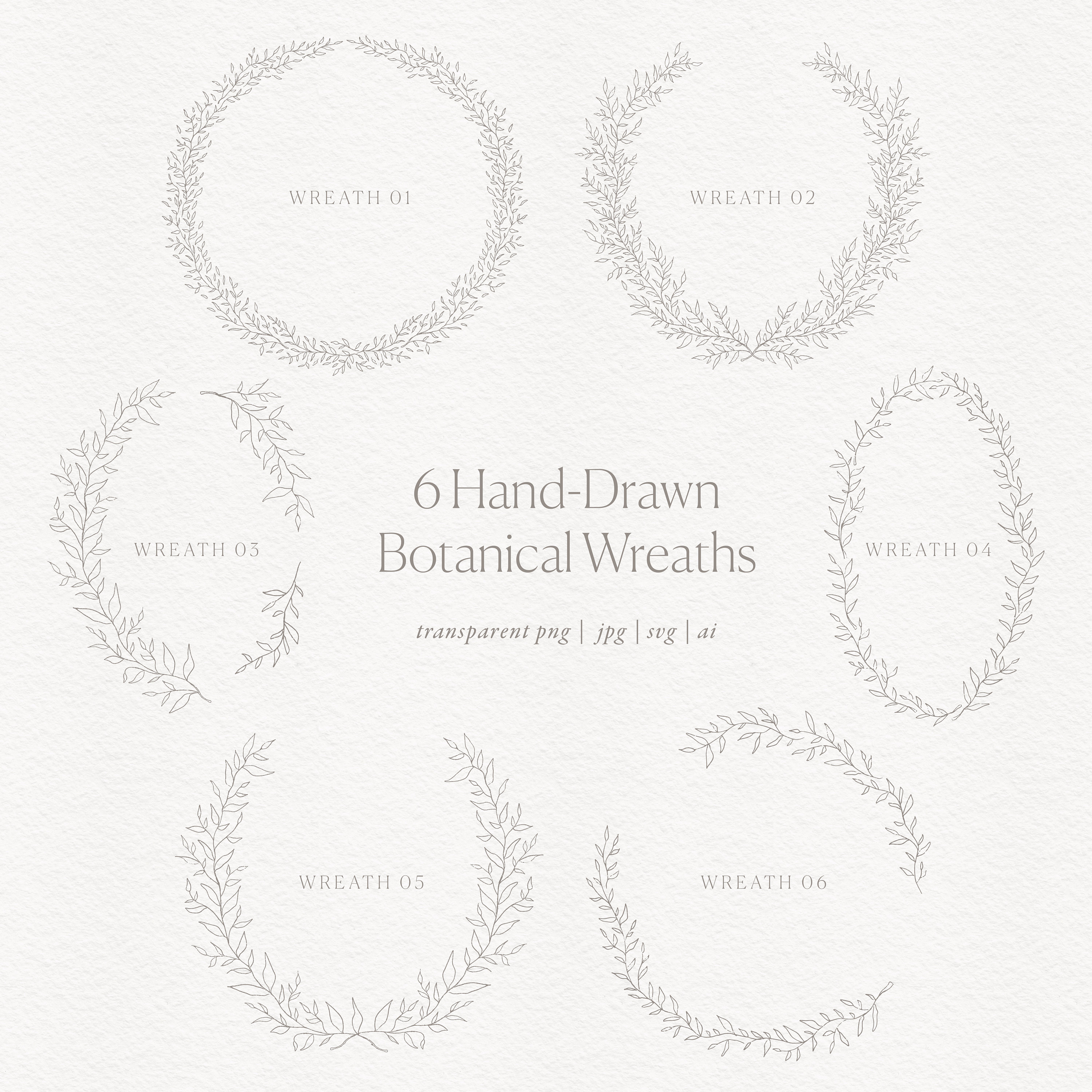 6 Coroas Botânicas | Clipart de Casamento | Coroa Floral PNG | Folhas Gráficas de Belas Artes Desenhadas à Mão | Desenho a Lápis