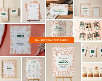 Pacote de aniversário para festa de macarrão italiano, imprimíveis com tema de macarrão infantil, convite editável, placas, faixas e muito mais, download instantâneo