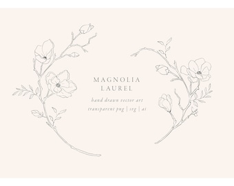 Magnolia Line Art Laurel Botanical Pencil sketch hand drawn wedding vector