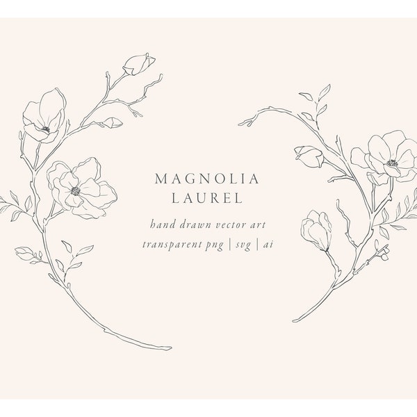 Magnolia Line Art Laurel Botanical Pencil sketch hand drawn wedding vector