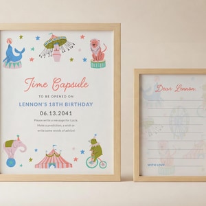 Zirkus Time Capsule Einladung, 8x10 Schild + 5x7 Karten, Schreibwünsche & Ratschläge, 18 Geburtstagsoffenung, bearbeitbares Partyschild, Mädchen Geburtstag