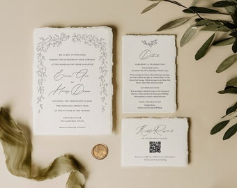 Hand Drawn Wedding Invitation Suite Template with RSVP QR code Option, hand drawn greenery, 5 x 7 Modern Bridal Invitation