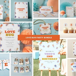Love Bug Birthday Party Bundle, Bug Theme First Birthday, Cute Bug Party Kit, Editable Decorations, Instant Download
