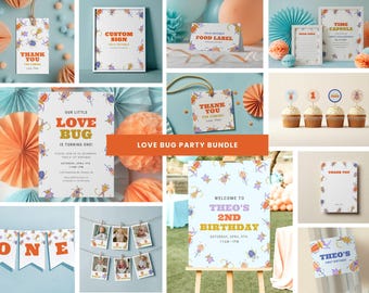 Pacote de festa de aniversário Love Bug, tema Bug Primeiro aniversário, Kit de festa de inseto fofo, decorações editáveis, download instantâneo