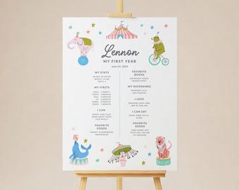 Placa de marco de aniversário de circo moderno, quadro de estatísticas de festa 18x24, tema de carnaval editável, rosa azul verde, animais desenhados à mão