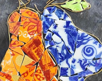 Hermosas Peras, una pieza rara, pequeña pintura de mosaico sobre pizarra, decoración del hogar para cocina o patio y jardín, decoración de pared.