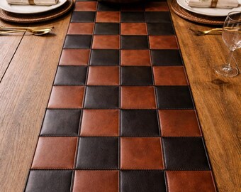 Handmade Leather Table Runner, Checkered Patchwork, Dining Decor
