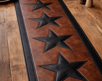 Handmade Leather Table Runner, Star Inlay, Rustic Western Decor