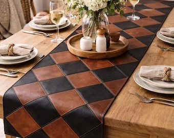 Handmade Leather Table Runner, Black Brown Patchwork, Dining Decor