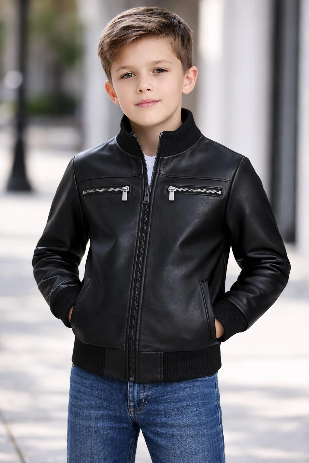 Handmade Kids' Sheep Leather Bomber Unisex Black Jacket