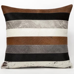 Patchwork Hair-On Cowhide Leather Pillow Cover | Luxury Throw Striped Leather Cushion Home Decor