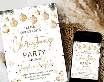 Gold Christmas Party Invitation Template Editable Holiday Party Invite Christmas Baubles Festive Invite Editable Download GC125