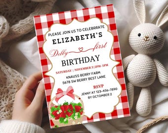 Strawberry first birthday invitation, Berry first party template, Strawberry party, Berry Sweet Birthday Invitation, Any Age Invitation