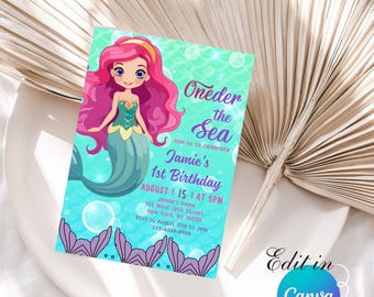Invitación de cumpleaños de sirena, invitación de cumpleaños de fiesta de sirena bajo el mar, invitaciones de sirena, tema de sirena marina para niñas, plantilla editable de Canva