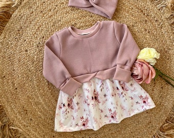 Girly Sweater Baby Kleid Mädchen Pullover Oberteil Bordeaux Blumen Weiß Haarband Knotenband