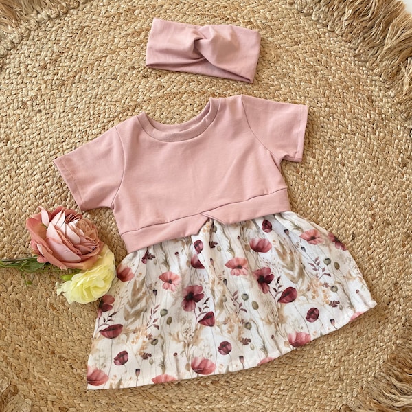 Babykleid Girlysweater Mädchen Sommerkleid mit Blumen in rosa, Haarband Bandeau Babyset