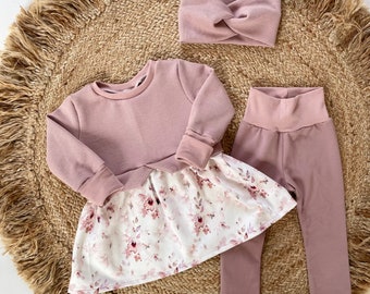 Babyset Mädchen Girlysweater Baby Girly Sweater Leggings mit Haarband Blumen  Pullover Kleid Hose Taufkleid
