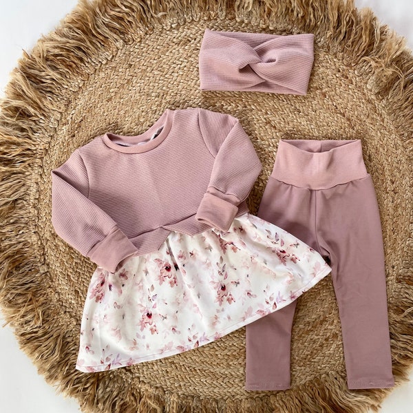 Babyset Mädchen Girlysweater Baby Girly Sweater Leggings mit Haarband Blumen  Pullover Kleid Hose Taufkleid