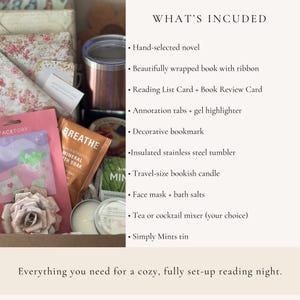 What’s included in a Mother’s Day blind date with a book box featuring wrapped novel, tumbler, candle, tea, bath soak, face mask, and reading accessories. Cozy bookish gift set for mom and readers, self care box contents for relaxing reading nights. Mystery book bundle and care package idea for book lovers, book club gifts, and thoughtful personalized reading experiences.  Curated Book Box, Book Mail, Book Mail & Co.