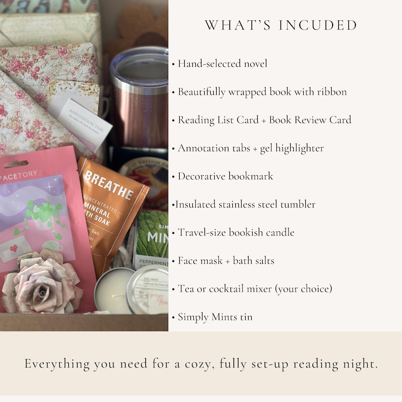 What’s included in a Mother’s Day blind date with a book box featuring wrapped novel, tumbler, candle, tea, bath soak, face mask, and reading accessories. Cozy bookish gift set for mom and readers, self care box contents for relaxing reading nights. Mystery book bundle and care package idea for book lovers, book club gifts, and thoughtful personalized reading experiences.  Curated Book Box, Book Mail, Book Mail & Co.