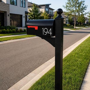 May include: A black metal mailbox mounted on a matching black post with a spherical finial. The mailbox features a bright red signal flag on the side and the white house number 194 clearly displayed on the front face of the black metal unit.