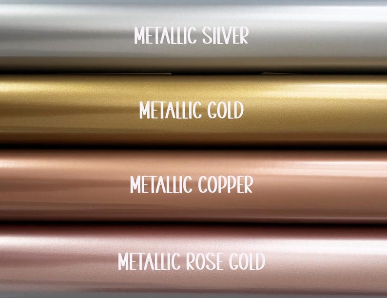 May include: A close-up of four metallic colors: silver, gold, copper, and rose gold. Each color is labeled with white text. The image shows a range of metallic finishes, ideal for craft projects or decorative applications.