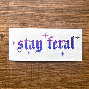 May include: A white rectangular sticker with the words "stay feral" in a gothic font, gradient blue to purple. Small star accents are placed around the text. The sticker is on a brown wooden surface.