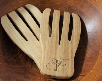 Personalized Wooden Rustic Salad Hand Mixing   Utensils Set | Laser Engraved Custom Salad Hand Kitchen Serving |Cooking Housewarming Gift