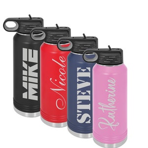 Personalized Water Bottle: Engraved Insulated Bottle with Straw, 32oz
