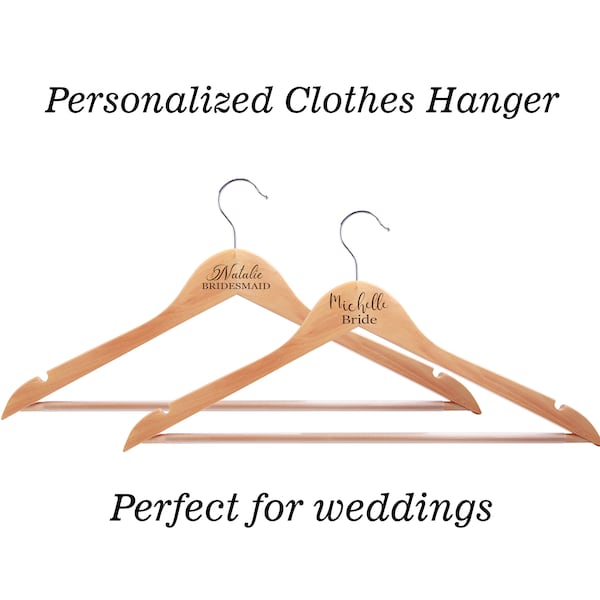 Custom Laser Engraved Solid Maple Clothes Hanger, Personalized Wooden Bride and Groom Wedding Party Hangers, laser Engraved Wood Hanger Gift