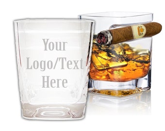 Custom Logo Laser-Etched 9.5 Oz Rock Glass with Cigar Holder - Personalized Whiskey Glass - Unique Gift for Him or Her, great mancave glass