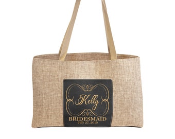 Personalized Burlap Tote Bag with Leatherette Gusset and Pocket - 19" x 12" - Perfect for Bridesmaids, Beach, and More!