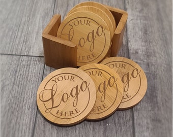 Engraved Bamboo Coaster Set with Holder: Personalized Wood Coasters