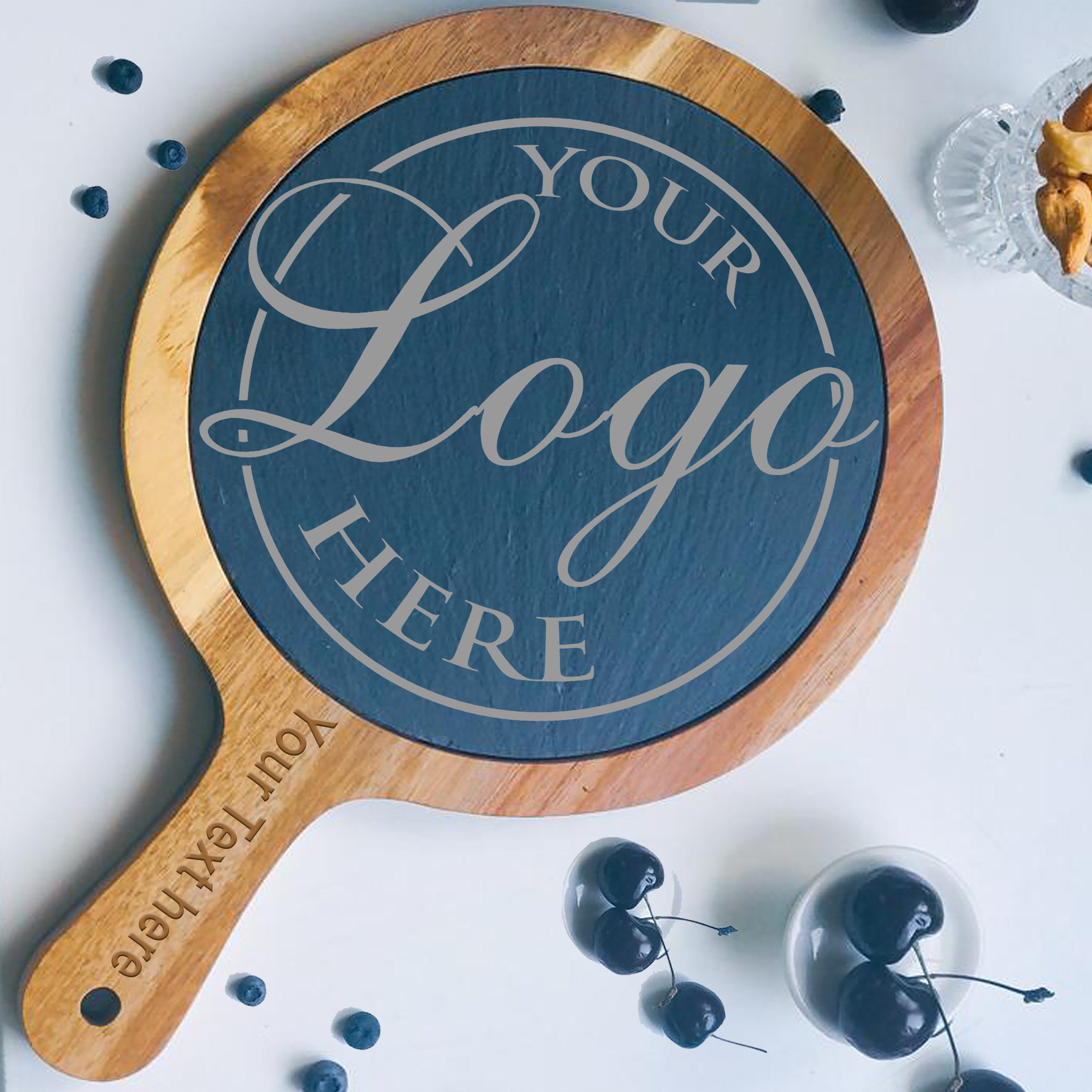 Personalized Round Acacia Wood Slate Serving Board with Handle,  Custom Wooden Slate Cutting Board, Engraved Round European Bread Board