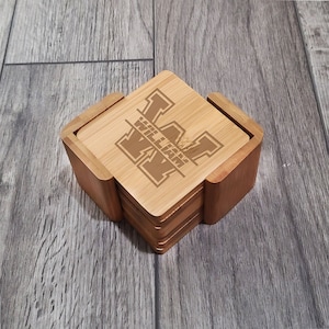 High Quality Bamboo Wooden Square 6 Coaster Set with Holder, Personalized custom Wooden Coasters, Laser Engraved Wood Coasters Gift Set