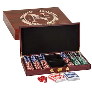 Juego de póquer personalizado de 300 fichas con acabado en palisandro, regalo de póquer personalizado, juego de póquer grabado con cartas y dados