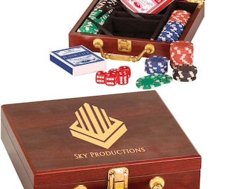 Personalized Rosewood Poker Set: 100 Chips, Cards, Dice, Engraved Box
