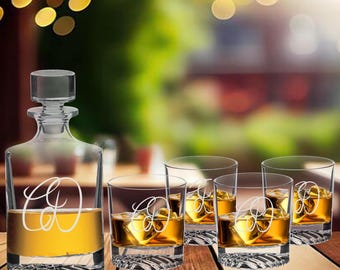 Personalized Engraved Whiskey Decanter Set: Round Glass with Four Glasses