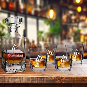 Personalized 750ml Square Glass Decanter Set with 4 11oz Glasses and Black Gift Box – Custom Engraved Whiskey Set