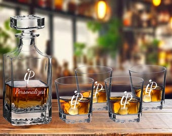 Personalized Whiskey Decanter Set: Square Glass with 4 Glasses