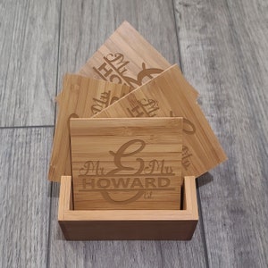 High-Quality Bamboo Wooden Square 4-Coaster Set with Holder | Personalized Custom Wooden Coasters | Laser Engraved Custom Wood Coasters