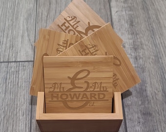 Personalized Bamboo Coaster Set: Laser Engraved Wood Coasters with Holder