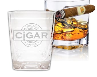 Personalized Whiskey Glass with Cigar Holder – Laser-Etched Rock Glass