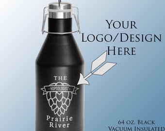 64 oz. Personalized Black Vacuum Insulated Growler with Swing-Top Lid, Laser Engravable, Perfect for Beer Lovers and Non-Alcoholic Beverages
